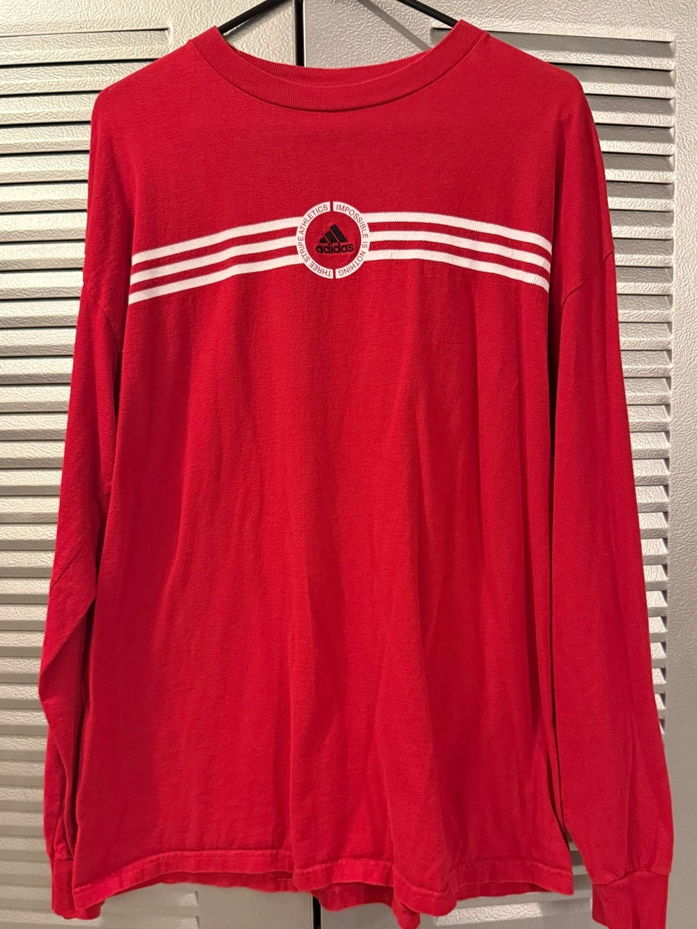 adidas Red Long-Sleeve Crew with White Stripe Logo